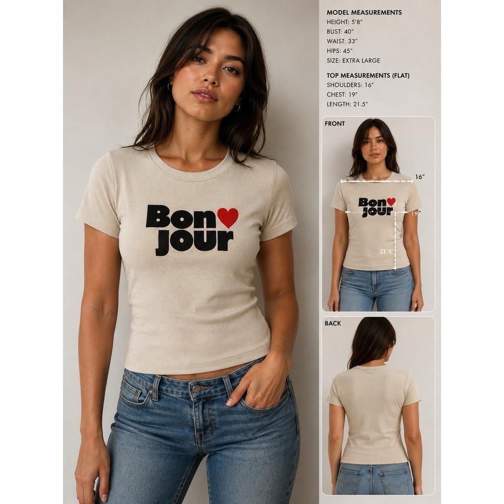 Old Navy Bonjour Graphic Wishbone Ribbed Snug Tee Sz XL Y2K Fitted Baby Tee